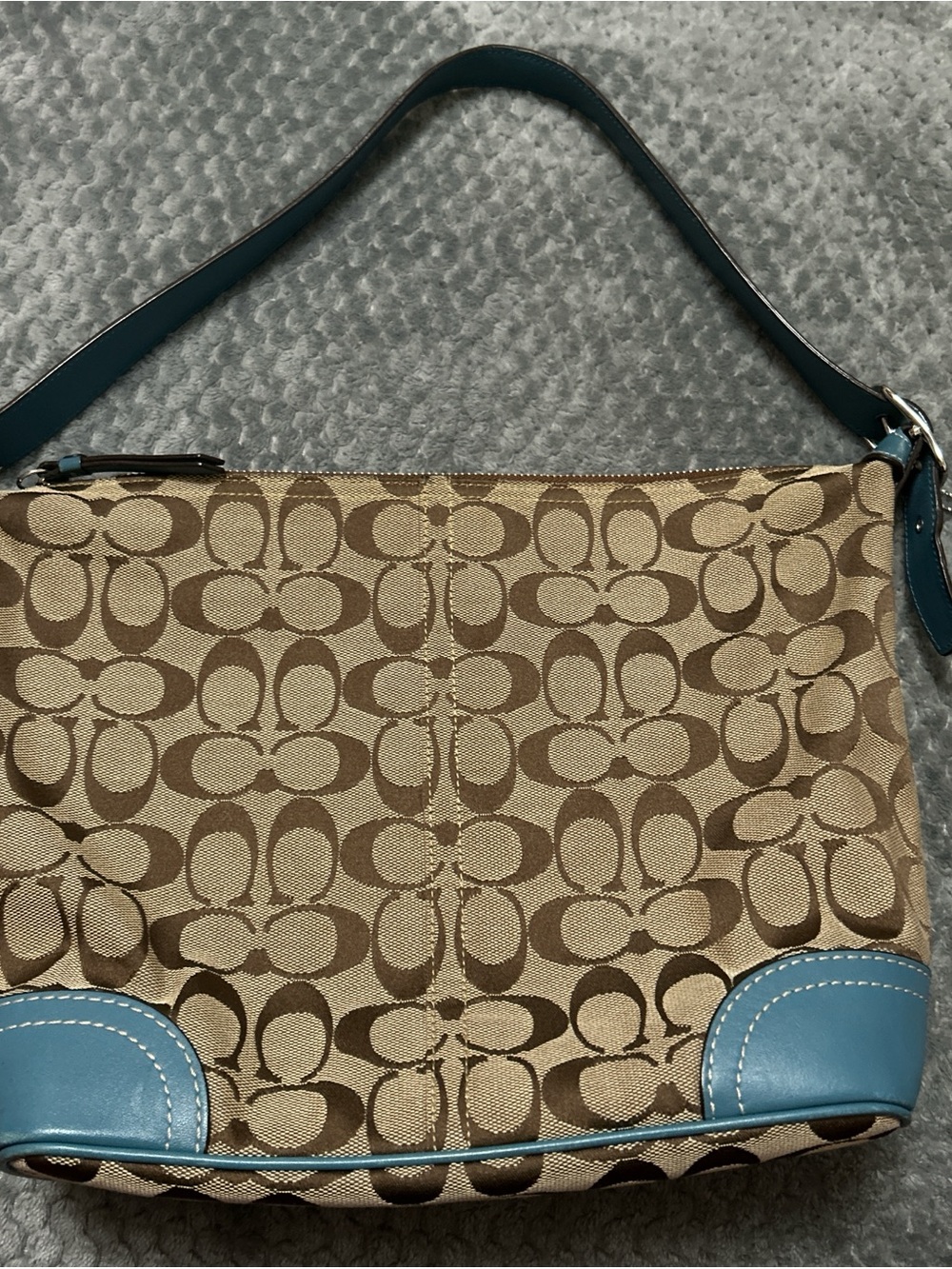 Coach Khaki Signature Canvas Shoulder Bag with Blue Trim